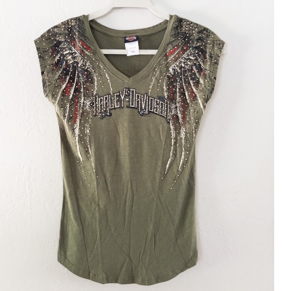 Harley-Davidson Los Cabos Graphic Tee Rhinestone Wings V-Neck Xs